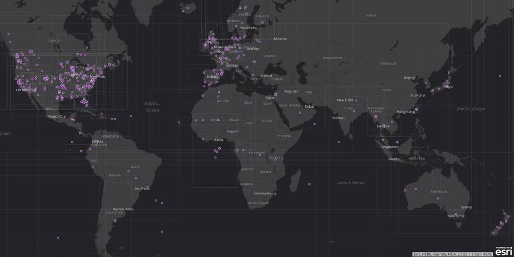 World map of ArcGIS Hub sites