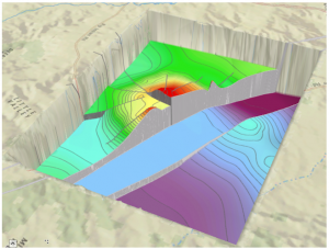 Figure 3: The output depth raster displayed in a 3D perspective view.  Note the steps created by the barriers.